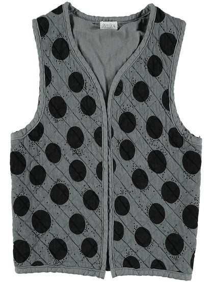 GRAY QUILTED VEST WITH BLACK DOTS