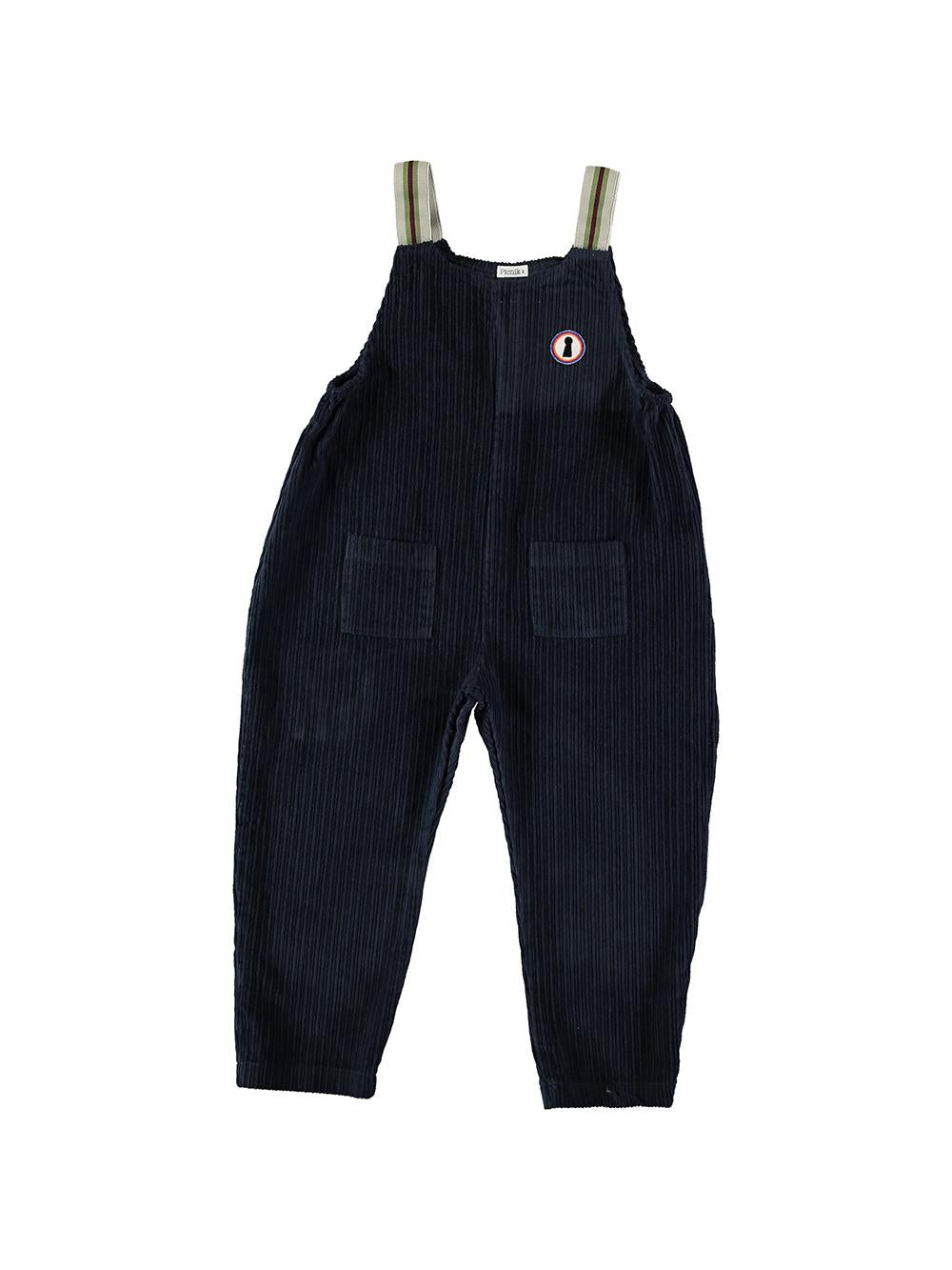 NIGHT BLUE EMBROIDERY CORDUROY SUSPENDED JUMPSUIT WITH LOCK