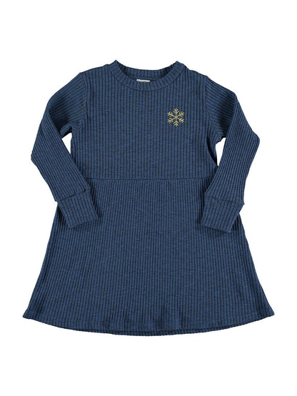 NAVY BLUE LONG SLEEVED DRESS WITH SNOW FLOWER EMBROIDERY