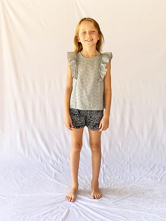 GRAY ANIMAL PRINT RUFFLED SHORTS