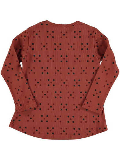 RED LONG SLEEVE T-SHIRT WITH COLORFUL DOTS PRINT