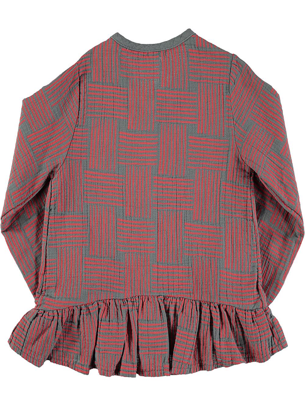 GRAY RUFFLED SHIRT WITH RED LINES PRINT