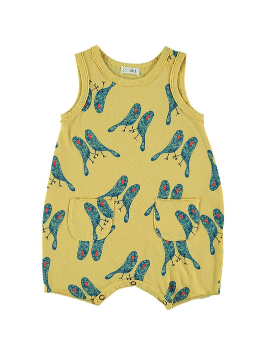 YELLOW SLEEPING BIRDS PRINT SUSPENDED JUMPSUIT