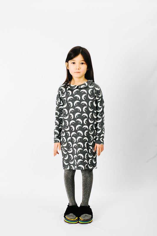 DARK GRAY SWING MOON PRINT ROUND NECK DRESS