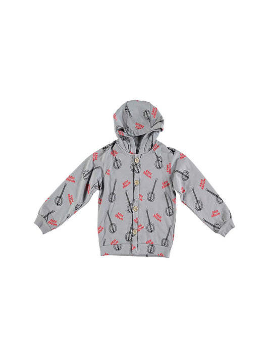 LIGHT GRAY GUITAR PRINTED HOODED SWEATSHIRT WITH BUTTONS