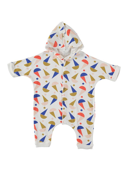 WHITE BOATS AND SUNS PRINT HOODED JUMPSUIT