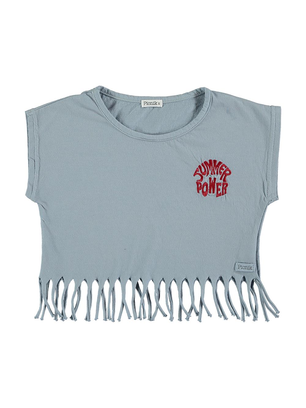 SUMMER POWER EMBROIDERED T-SHIRT WITH BLUE FRINGES