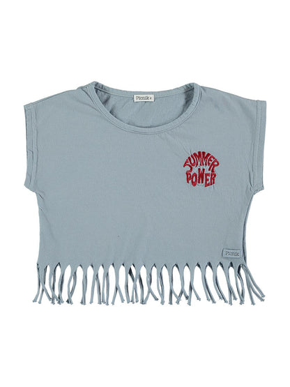 SUMMER POWER EMBROIDERED T-SHIRT WITH BLUE FRINGES