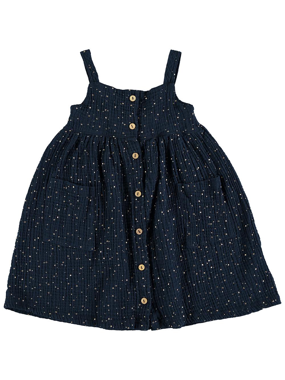 NIGHT BLUE STRAPS DRESS WITH GOLDEN DOTS PRINT