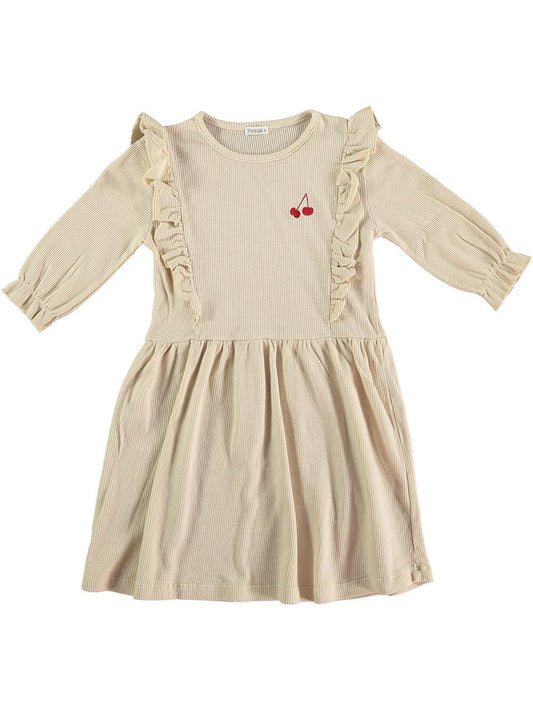 THREE-QUARTER SLEEVE DRESS WITH CHERRY EMBROIDERY OFF WHITE