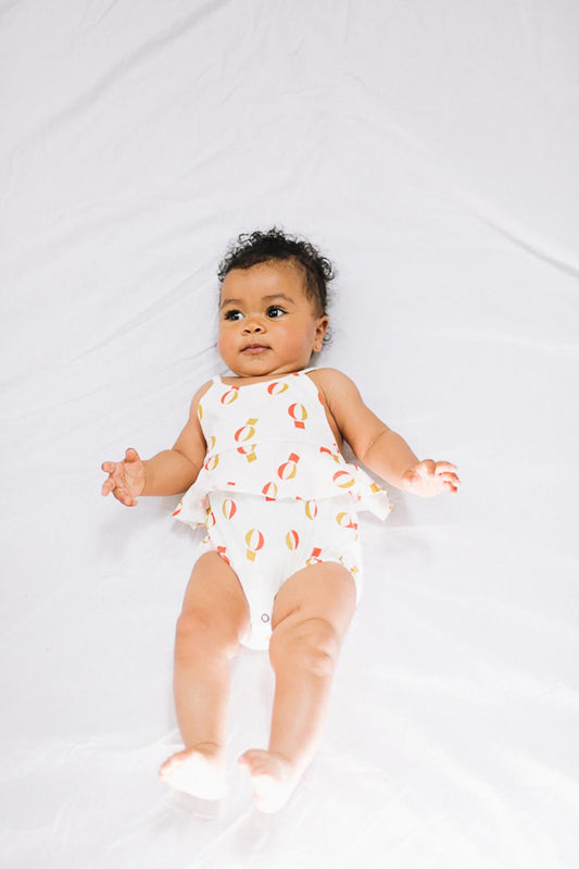 WHITE BALLOON PRINTED RUFFLED BODYSUIT