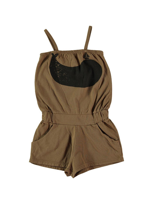 BROWN WHALE AND BOAT SHORT SUSPENDED JUMPSUIT