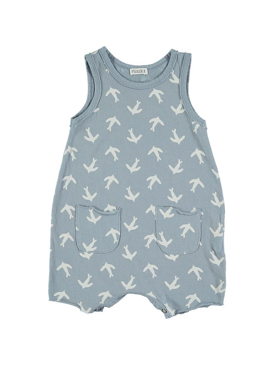 BLUE BIRD PRINT SHORT SUSPENDED JUMPSUIT