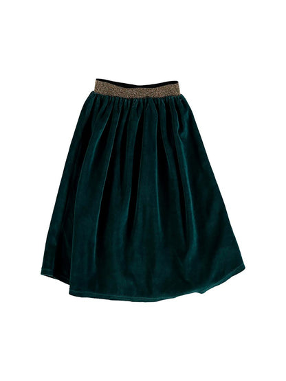 DARK GREEN VELVET MIDI SKIRT WITH GOLDEN WAIST