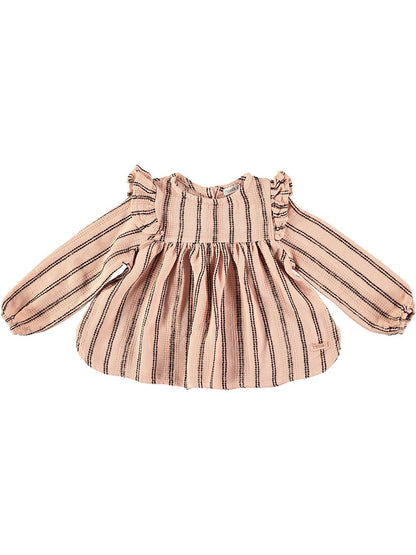 BLACK AND PINK STRIPED RUFFLED SHIRT