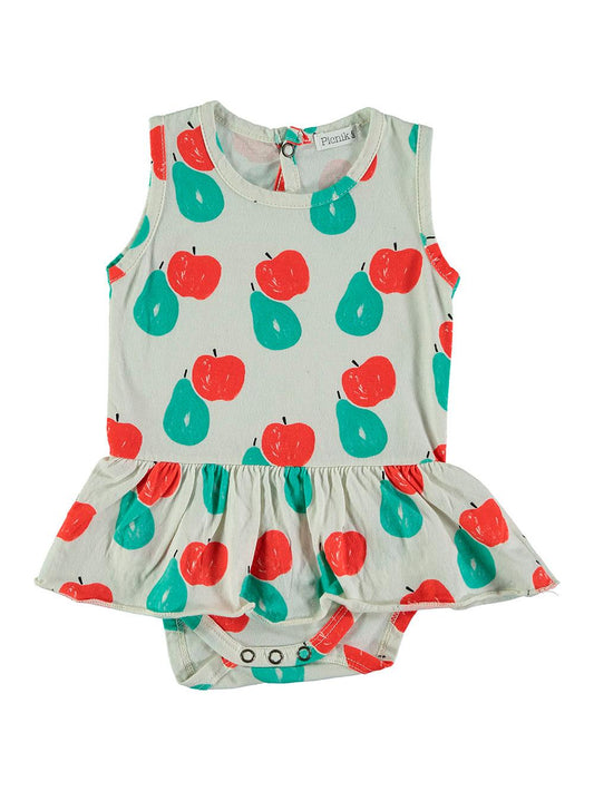 WHITE APPLE AND PEAR PRINT RUFFLED STRAPS BODYSUIT