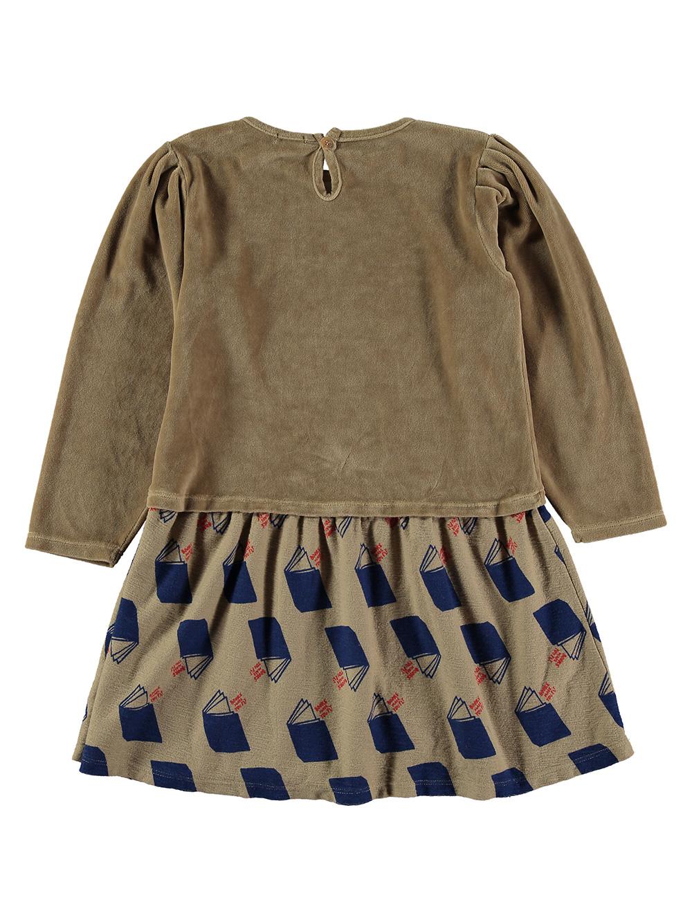 CAMEL BOOK PRINT COMBINED VELVET DRESS