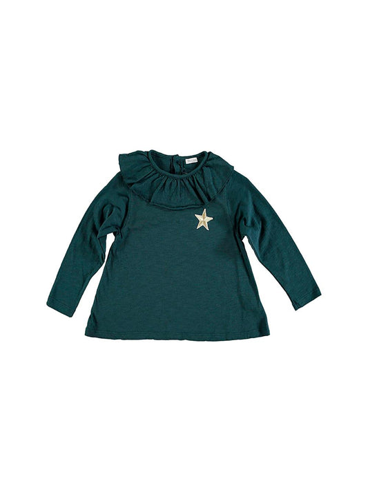 DARK GREEN RUFFLE NECK T-SHIRT WITH STAR EMBROIDERY