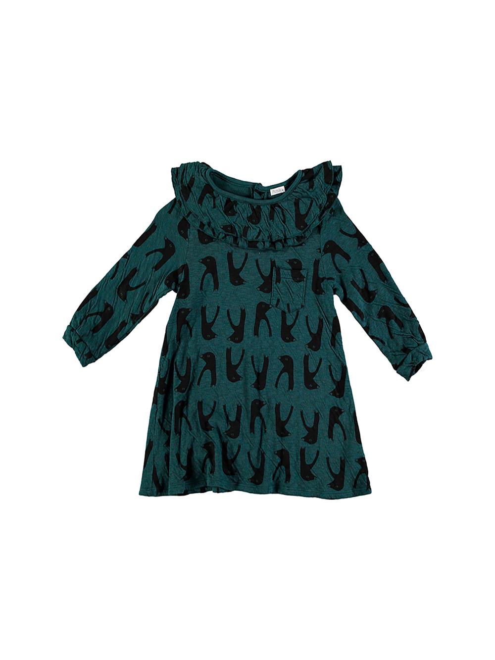 DARK GREEN PENGUINS PRINTED Ruffle Neck Dress