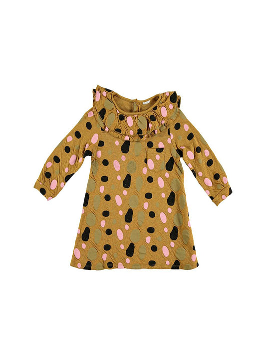 Ruffle neck dress with mustard brush strokes print