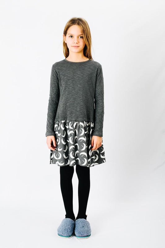 DARK GRAY SWING MOON PRINT COMBINED DRESS