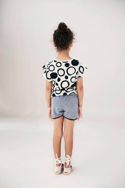 WHITE DOTS PRINTED RUFFLED T-SHIRT