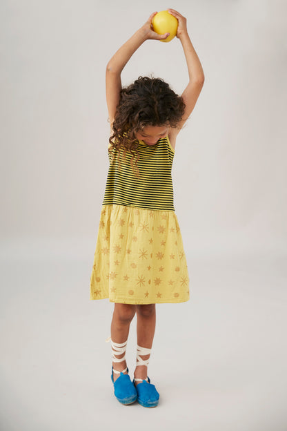 YELLOW STRIPES AND STARS PRINTED STRAPS DRESS