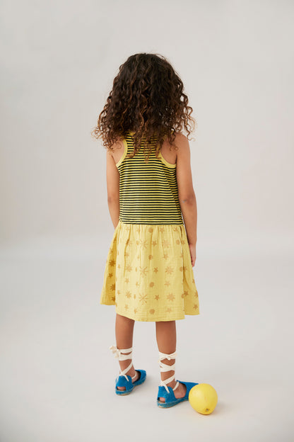 YELLOW STRIPES AND STARS PRINTED STRAPS DRESS